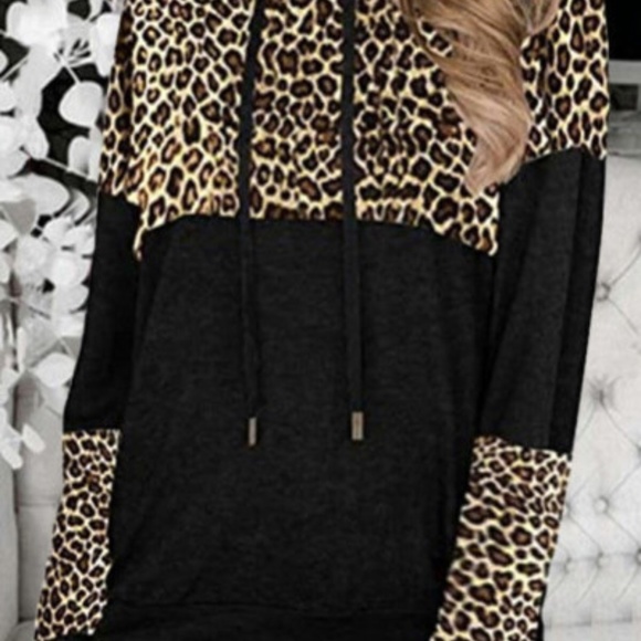 Leopard splicing colorblock drawstring hoodie - Picture 3 of 3